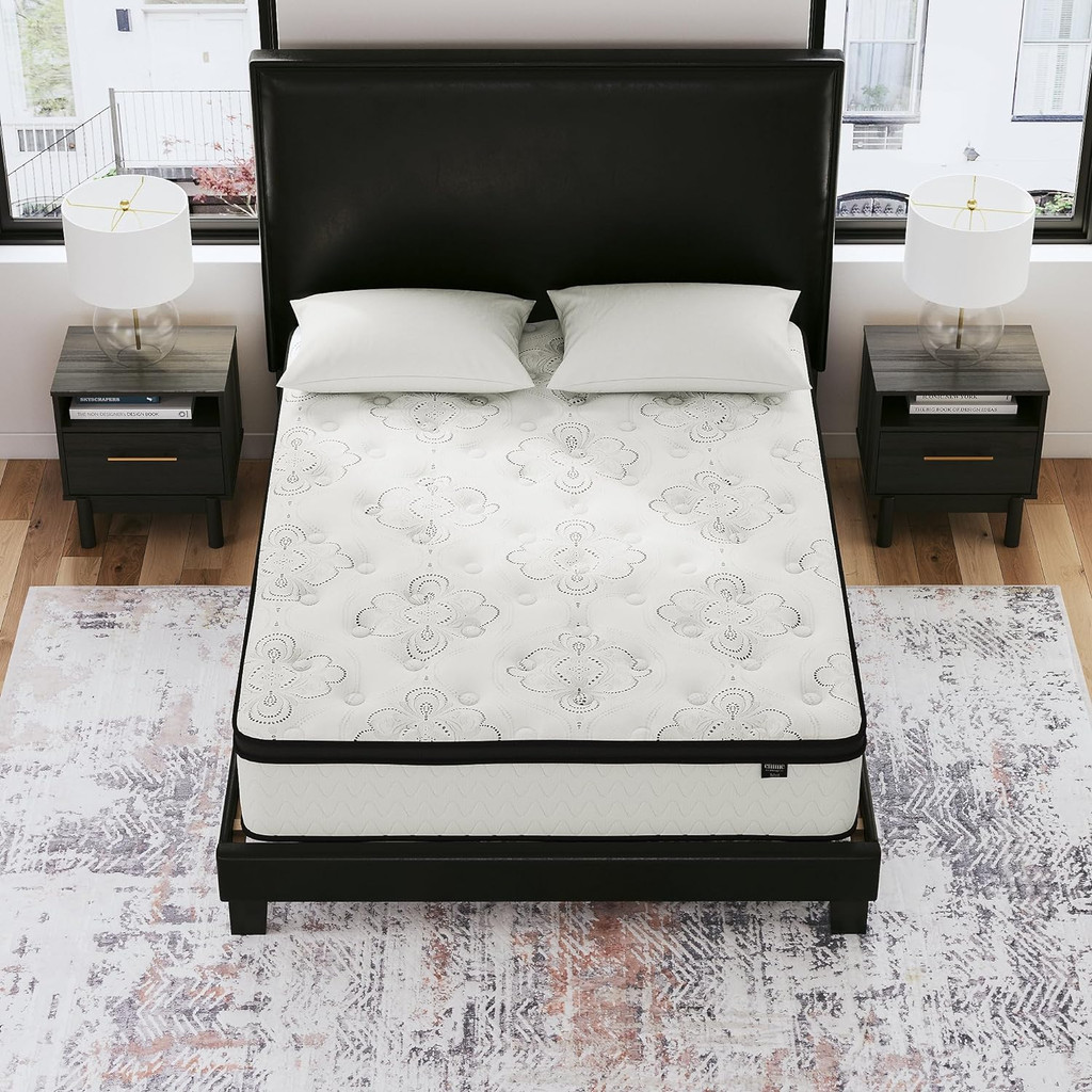Queen size bed with mattress and two nightstands